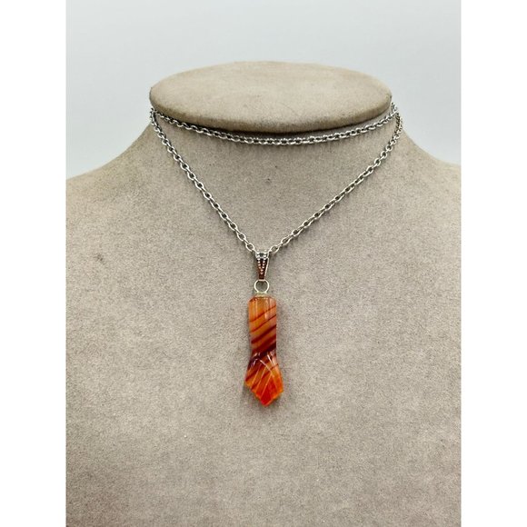 Vintage Striped Agate Mano Figa Pendant Necklace Genuine Stone Silver Tone Chain - Picture 3 of 7